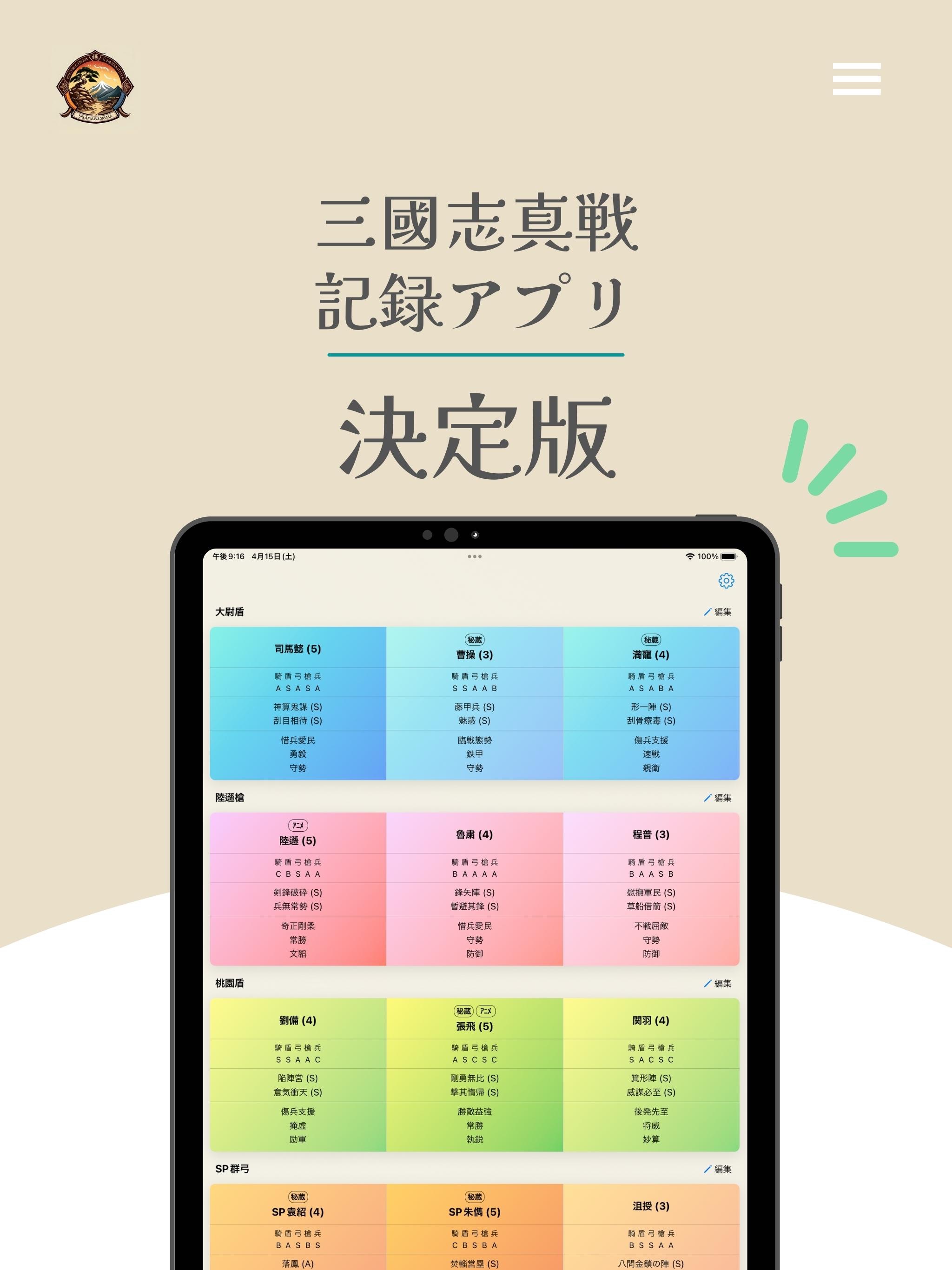 iPadで真戦メモの編成一覧を表示しているスクリーンショット